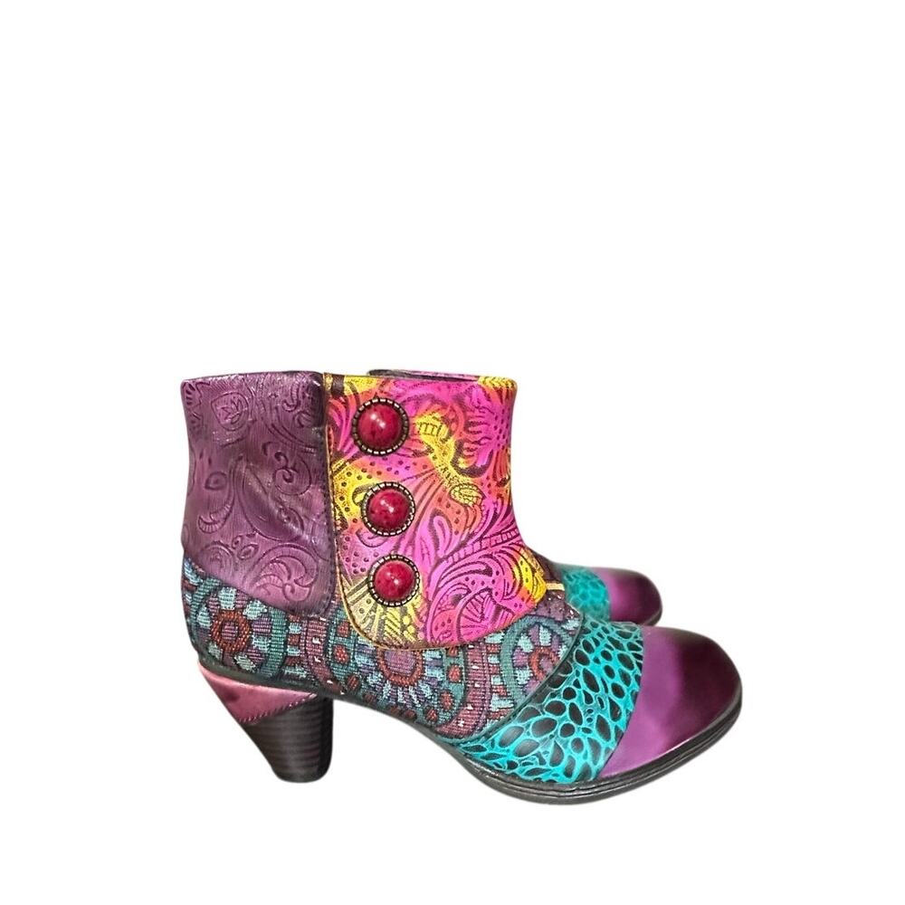Women's Multicolor Embossed Leather Heeled Ankle Boots
